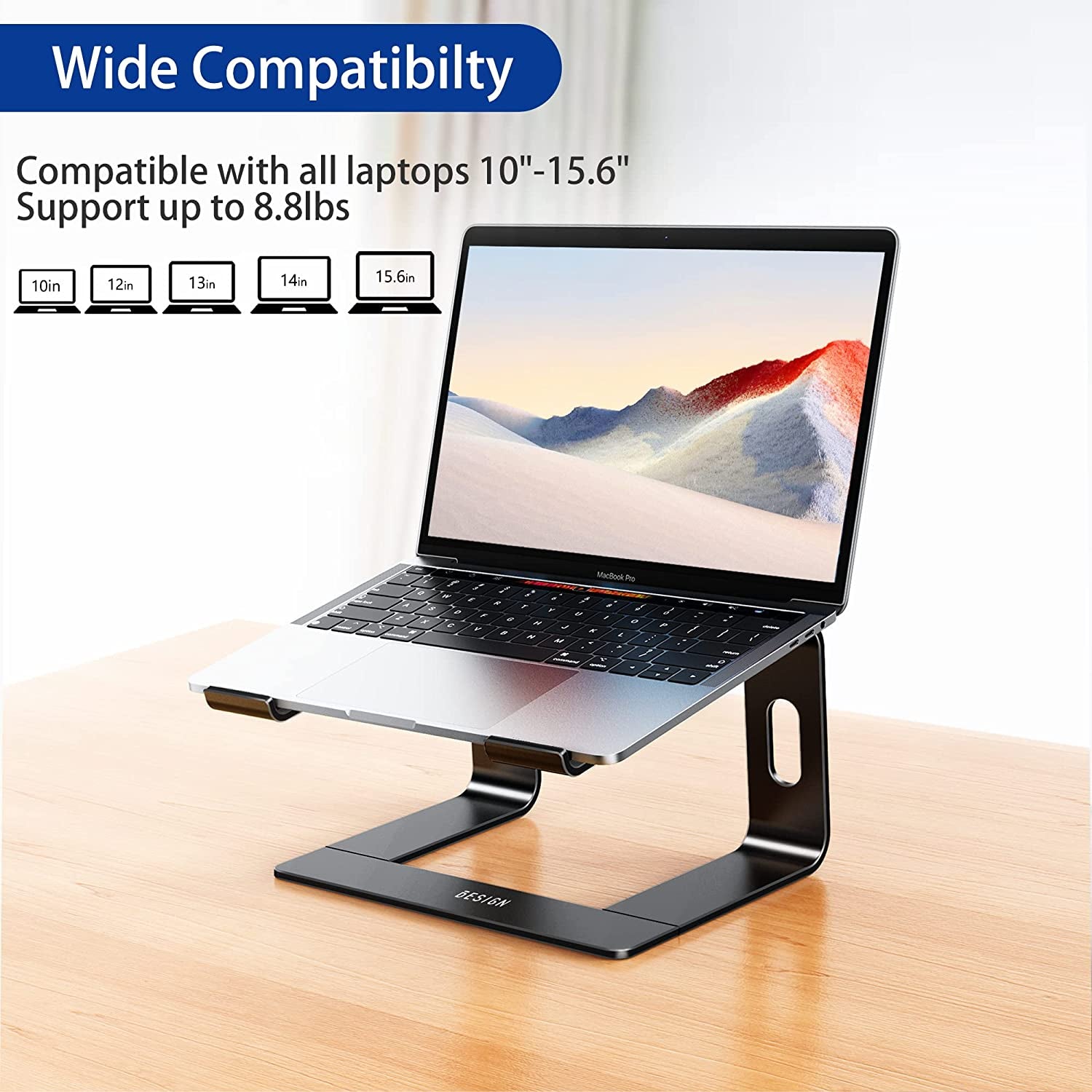 Detachable ergonomic aluminum laptop stand, compatible with Air, Pro, Dell, HP, Lenovo and other 10-15.6 inch laptops, black.