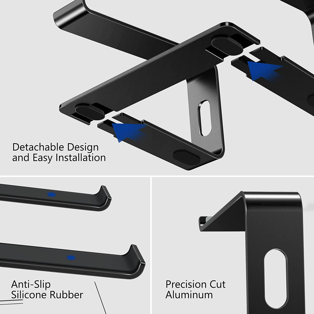 Detachable ergonomic aluminum laptop stand, compatible with Air, Pro, Dell, HP, Lenovo and other 10-15.6 inch laptops, black.